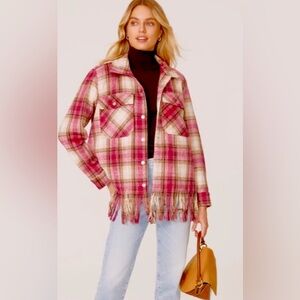Blank NYC Plaid Shacket Shirt Jacket fringe hemline in pink brown colors Size M